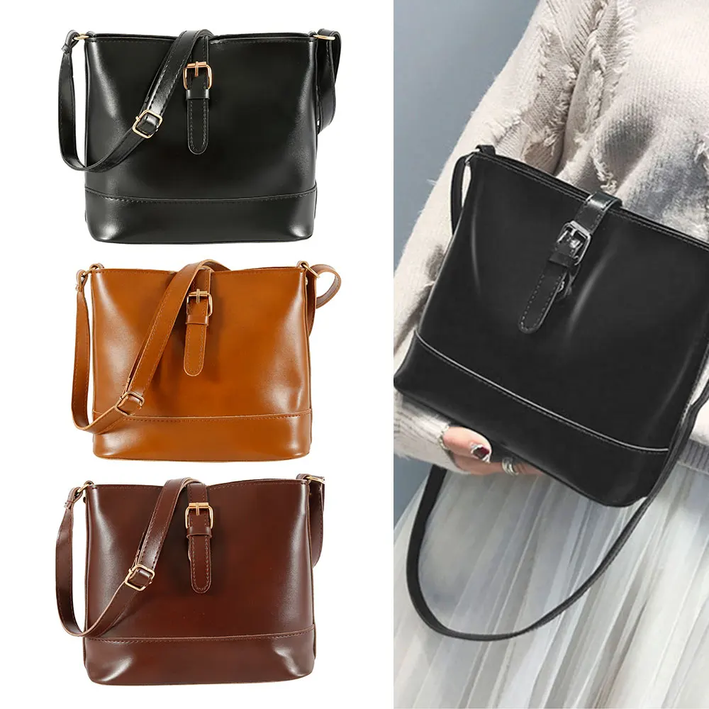 Fashion Women Bucket Bag Vintage Messenger Bag High Quality Retro Shoulder Bag Simple Crossbody Bag Tote Ladies PU Handbag