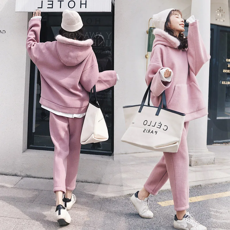 

Laziness-Style Woolen WOMEN'S Suit Autumn And Winter New Style Korean-style Loose-Fit Short-height Hooded Pullover Hoody Two-Pie