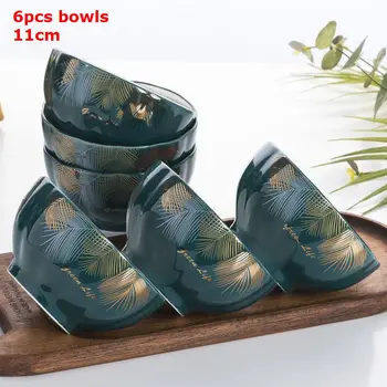 

6pcs Malachite Green Rice Bowl Set Gold Inlay Tableware Cute Ceramic Bowl Dark Green Golden Leaves Soup Bowls Ice Cream Bowl
