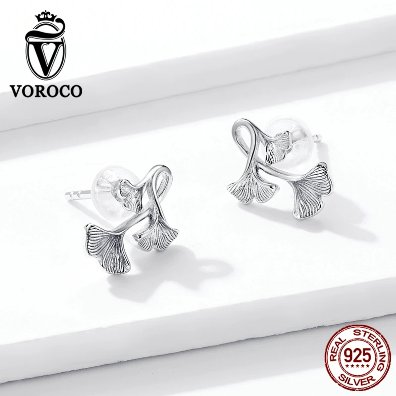 VOROCO BNE328 серьги-гвоздики уникальный лист гинкго Вечная Любовь настоящее 925 пробы серебряные серьги-гвоздики подарок на свадьбу, помолвку для женщин