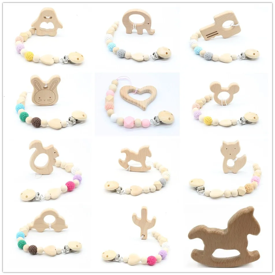 

Handmade Beech Animal Cartoon Pendant Pacifier Chain Holder Dummy Clips Baby Wooden Chew Teether Soother Teething Toys