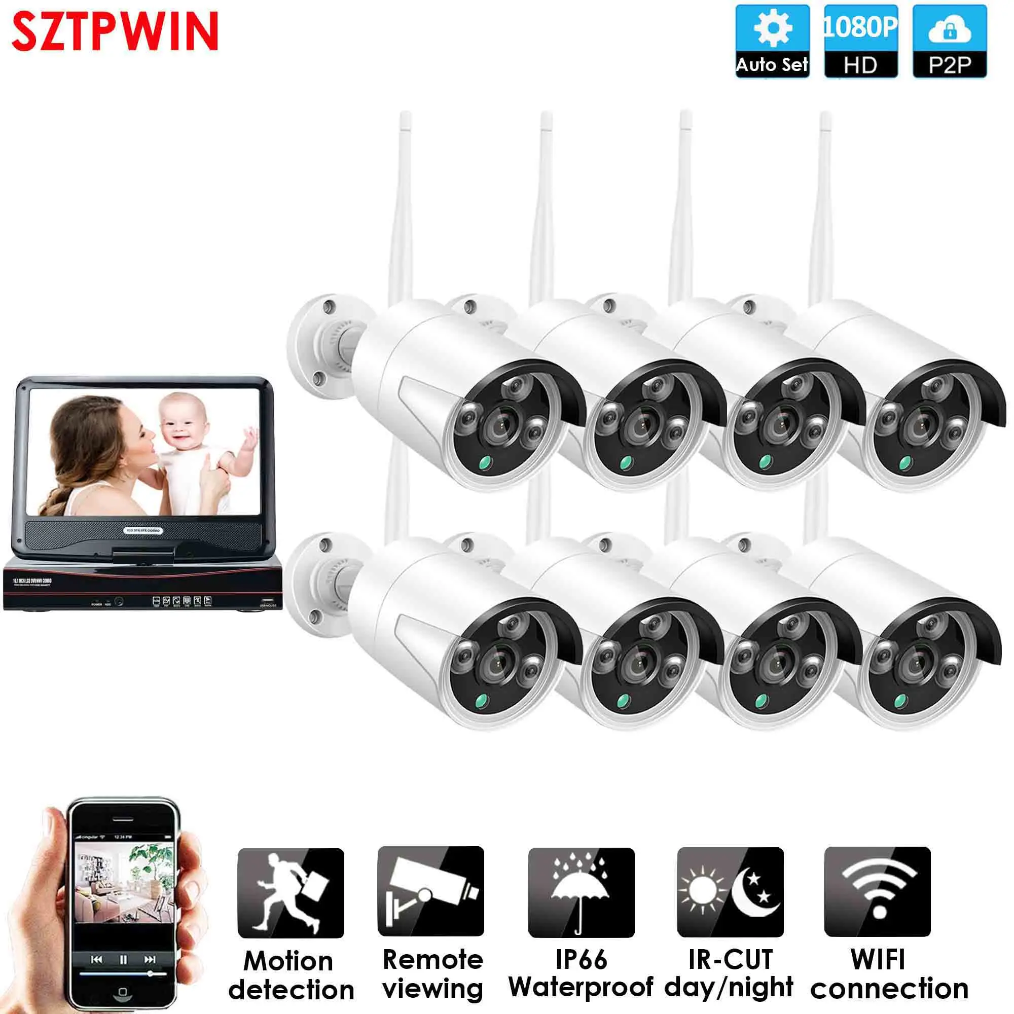 8CH 1080P Аудио Беспроводная система видеонаблюдения сетевая 10," LCDMonitor NVR рекордер Wifi комплект 1080P HD 2.0MP аудио Wifi камера - Цвет: 8ch 1080p LCD white