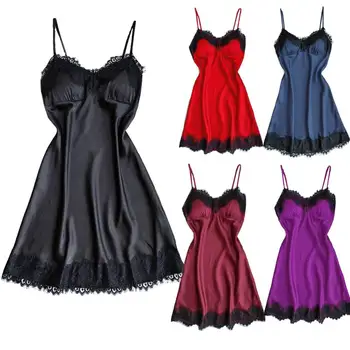 

2019 Sexy Women Silky Sleepwear Solid Color Lace Patchwork Nightdress V Neck Spaghetti Strap Female Fashion Summer