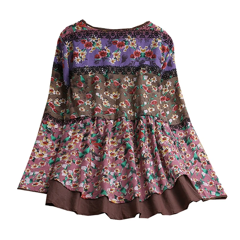 ABZC-весна-осень, женская блуза с длинным рукавом и v-образным вырезом, винтажный кардиган в стиле бохо с цветочным принтом, свободная рубашка, Лоскутные Топы на пуговицах Fem
