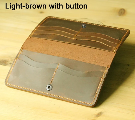 Brown with button Винтажный кожаный бумажник crazy horse ручной работы, мужской кошелек из натуральной кожи, длинный стильный мужской кошелек, клатч, зажим для денег, сумка для денег - Цвет: Brown with button