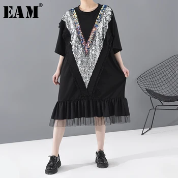 

[EAM] Women Black Sequins Mesh Split Big Size Dress New Round Neck Three-quarter Sleeve Loose Fashion Spring Summer 2020 1T953