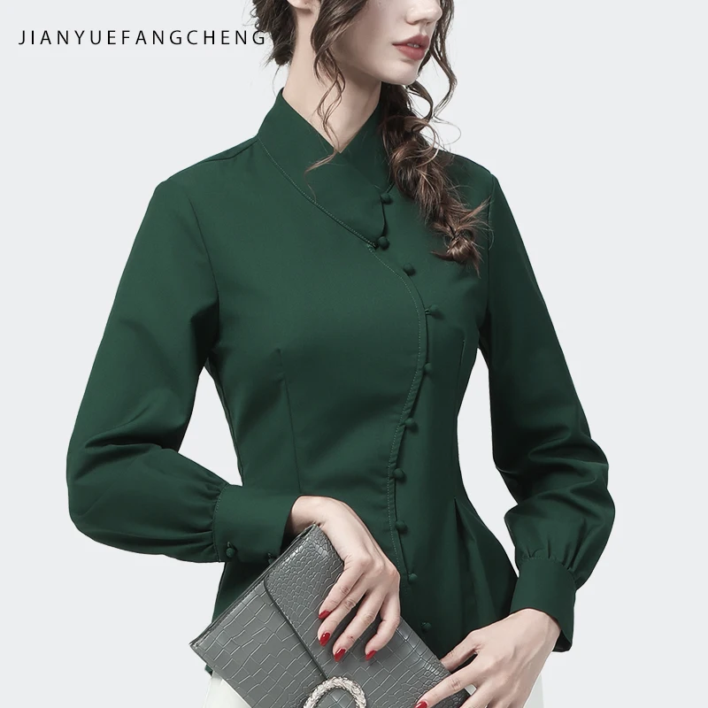 

Vintage Mandarin Collar Women Long Sleeve Shirt Elegant Slim Solid Asymmetry Button Down Shirt 2021 Autumn New Office Ladies Top