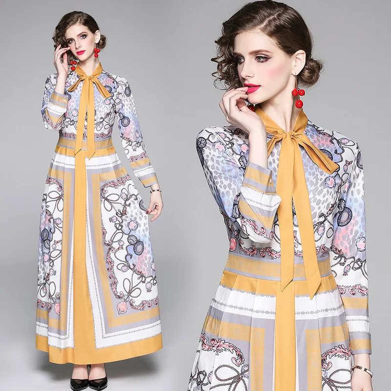 

2019 Spring Summer Fall Runway Vintage Floral Print Collar Long Sleeve Empire Waist Women Lady Party Casual A-Line Maxi Dress