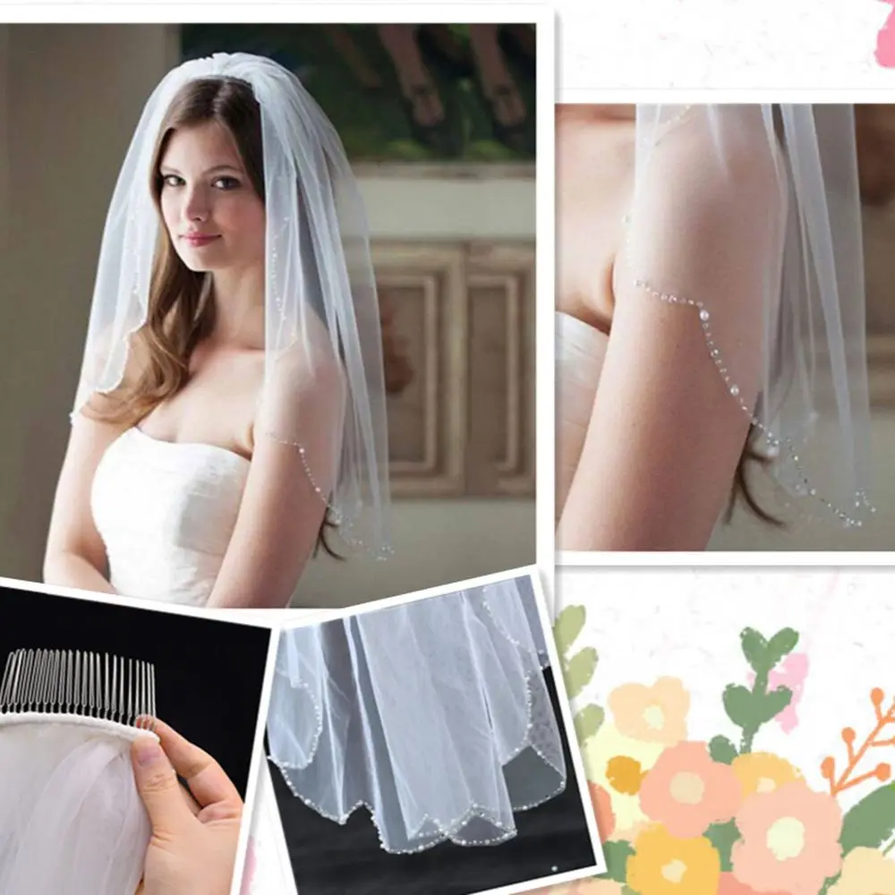 

V33 Beaded Edge Simple Short Bridal Tulle White Ivory Elegant Wedding Veil with Hair Comb for Women Marriage Accessory Bride
