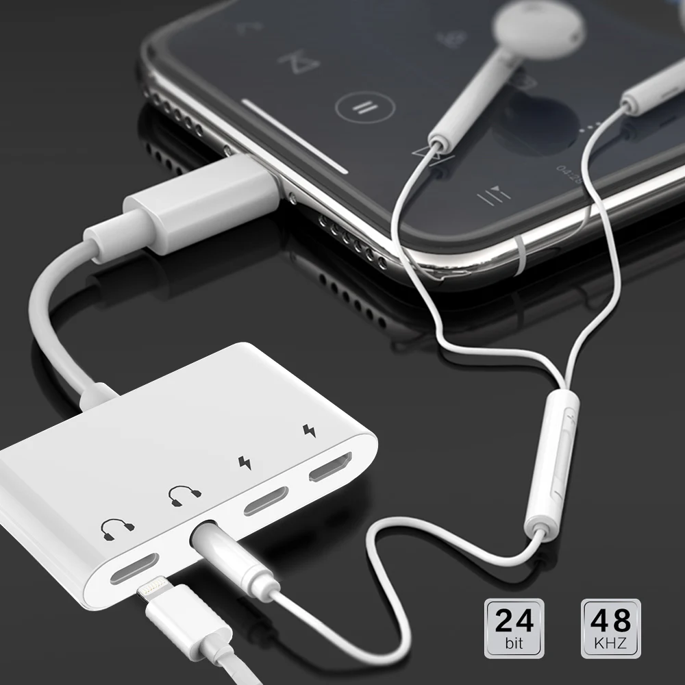 4 in 1 for Lightning to 3 5mm Headphone Aux Jack Audio Adapter With Micro USB Charge Audio Port For iPhone X XR XS 8 7 iPod iPad