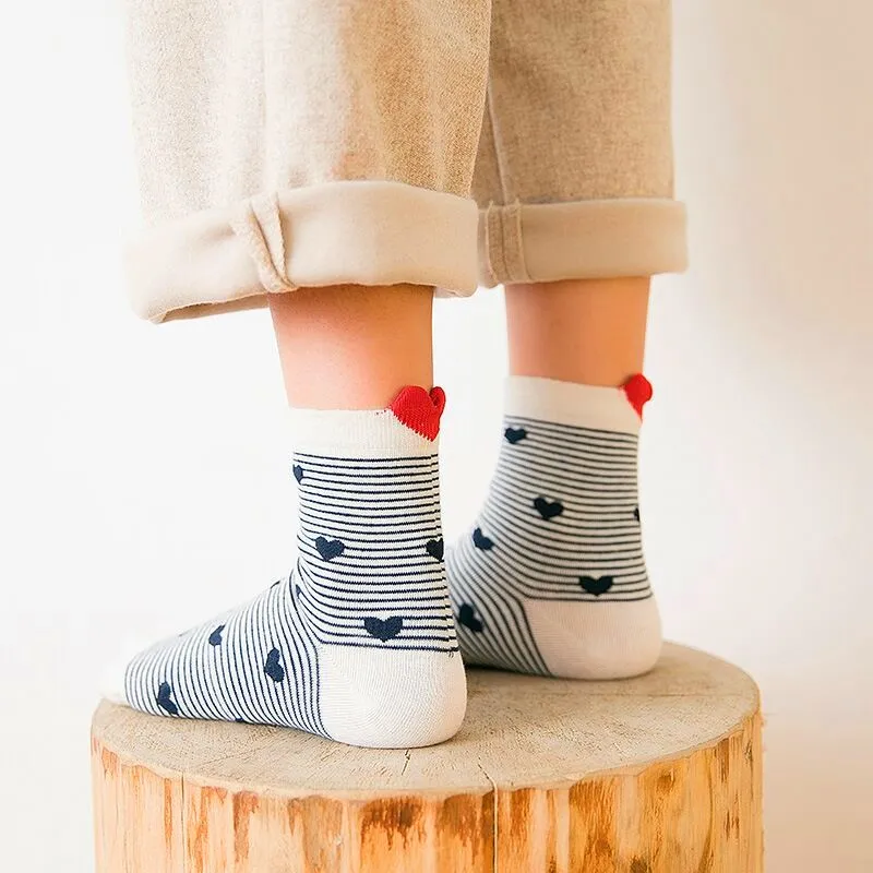 5 пар,, женские хлопковые носки Kawaii, белые, красные носки с принтом в форме сердца, короткие носки, повседневные носки с ушками животных и красным сердцем для девочек