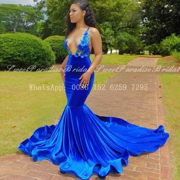 

2020 Royal Blue Velvet Mermaid Evening Dress With Appliques Sexy Deep V Neck Women Long Court Train Prom Dresses Vestidos