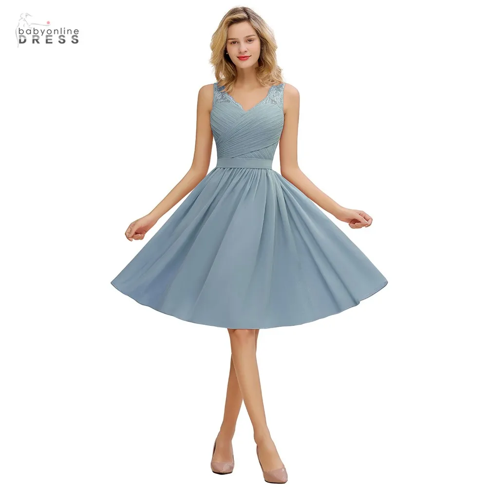 

In Stock Chiffon Lace Bridesmaid Dresses Above Knee Pleat V-neck Short Mini Wedding Party Dresses Vestidos Robe de