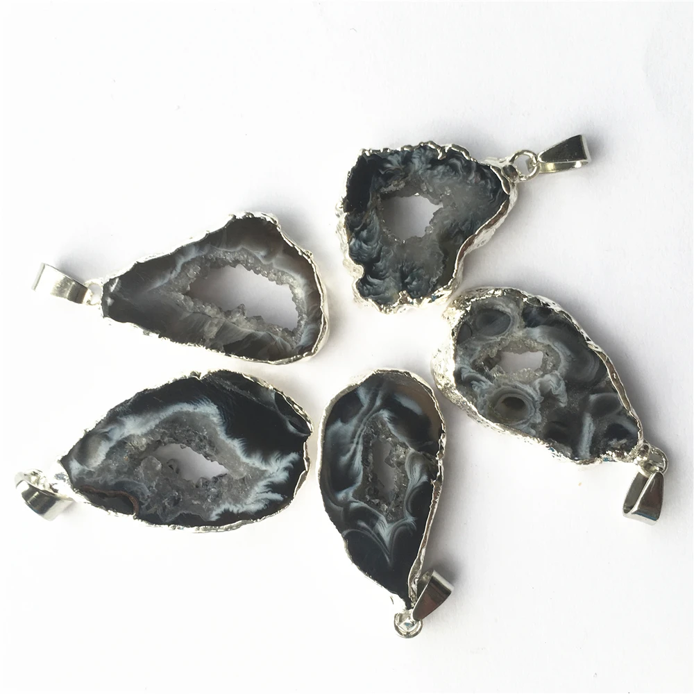 Natural Brazilian Electroplated Silver Color Agates Pendants Edged Slice Open  Geode Drusy Druzys for Men Women Jewelry Making