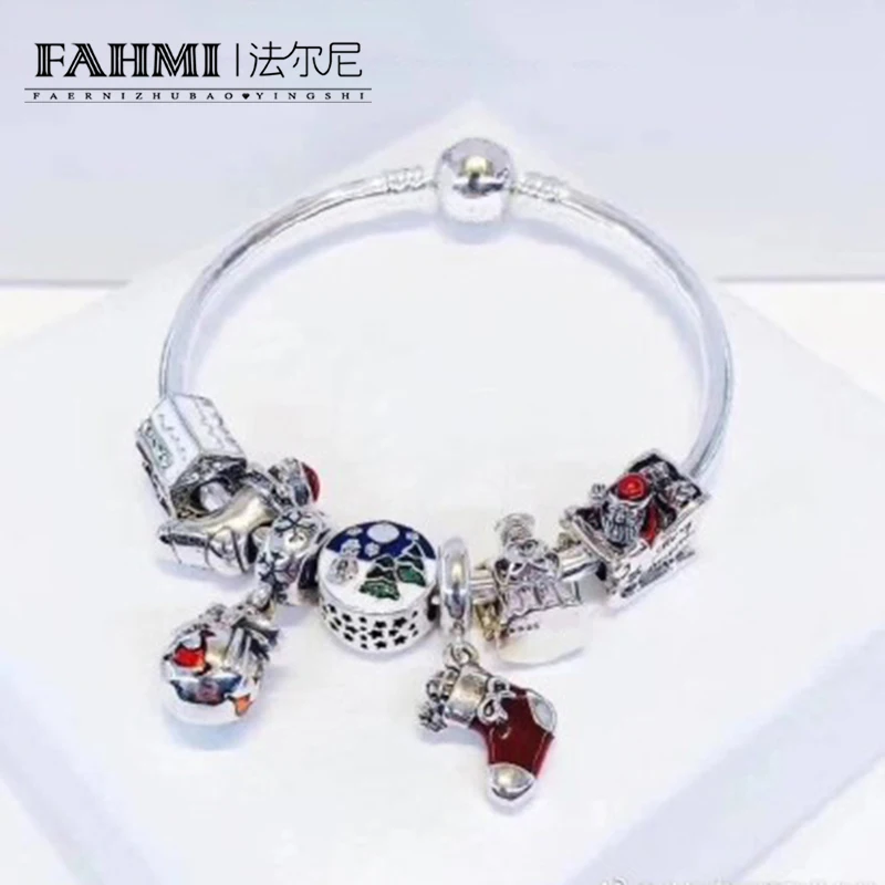 

FAHMI 100% 925 Sterling Silver Winter Christmas Bracelet Set Sleigh Socks Christmas Tree Glamour Women Charming Gifts Original