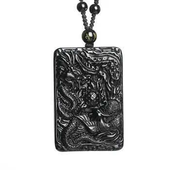 

Drop Shipping Natural Black Obsidian Jade Carving Chinese Dragon Lucky Amulet Pendant Necklace For men's Fine crystal Jewelry