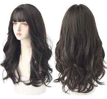

7JHH Fashion Ombre Brown Black Deep Wave Long Hair With Bangs Synthetic Wigs For Women Christmas Heat Resistant Thick Wig Gift