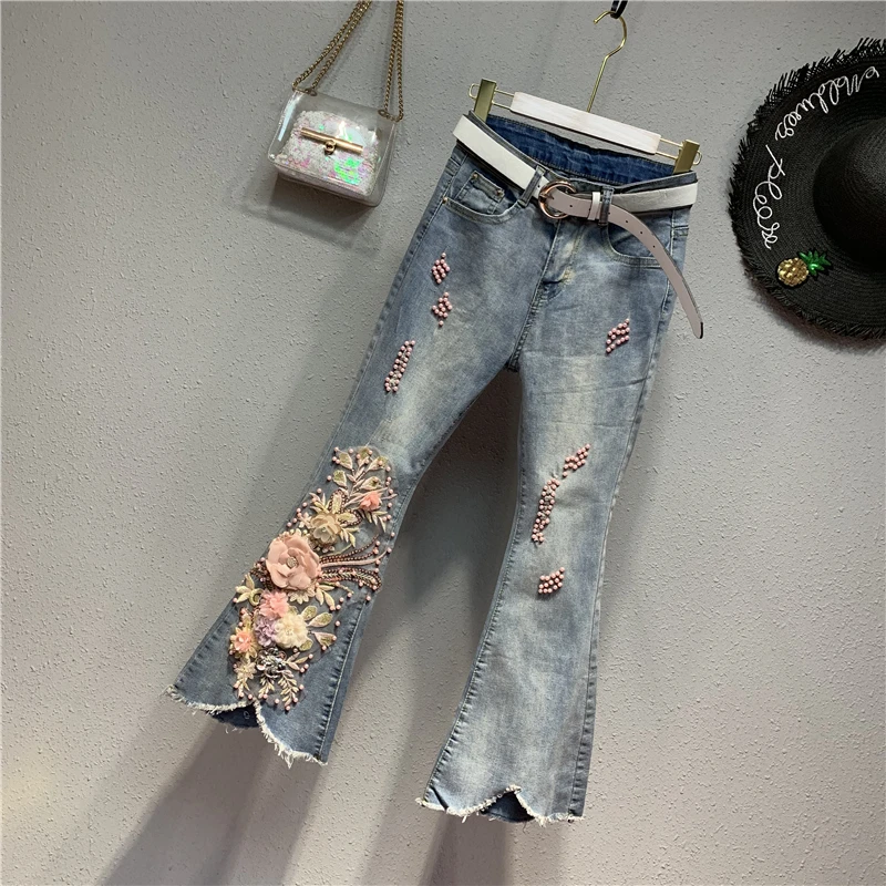 European New Spring High Waist Jeans Women Trend Bead Flower Skinny Flare Trousers Female Stretch Denim Pants European New Spring High Waist Jeans Women Trend Bead Flower Skinny Flare Trousers Female Stretch Denim Pants