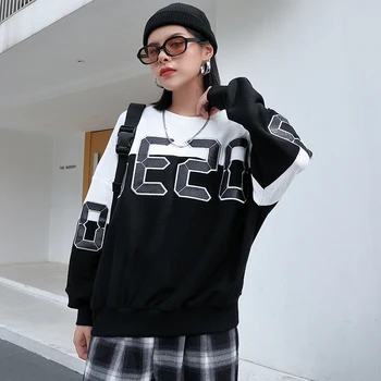 

Fall 2020 new fashion brand T-shirt street style letter print contrast round neck long sleeve loose sweater for women