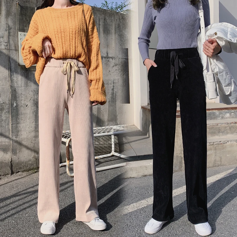 

2019 new winter light corduroy wide leg pants high waist drape plus cashmere velvet pants straight pants pants