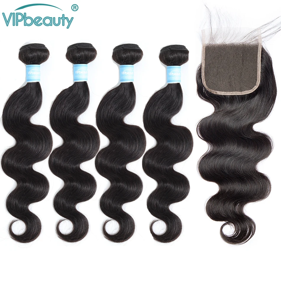 VIPBEAUTY Malaysian Hair 4 Body Wave Bundles with Closure Natural Color M Remy Human Hair Bundles with Closure 8-28 inch