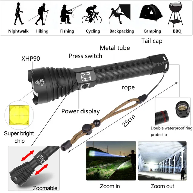 XHP90 самый мощный светодиодный фонарик XLamp 18650 26650 Zoom Torch XHP70.2 USB Перезаряжаемый тактический фонарь для кемпинга охота лампа