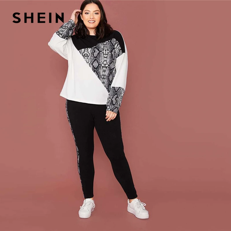SHEIN Plus Size Snakeskin Color Block Pullover and Leggings 2 Piece Set Women Spring Sporting Casual Two Piece Sets SHEIN Plus Size Snakeskin Color Block Pullover and Leggings 2 Piece Set Women Spring Sporting Casual Two Piece Sets