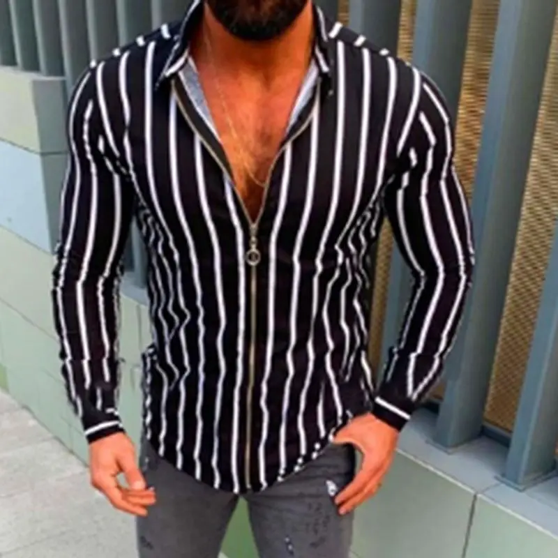 INCERUN Fashion Men Striped Long Sleeve Lapel Casual Shirt Vintage Zipper Mens Blouse Joker Social Slim Fitness Streetwear 3XL