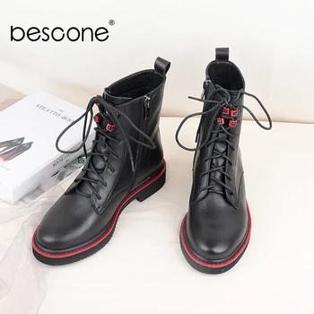 

BESCONE New Fashion Casual Ankle Boots High Quality Breathable Cow Leather Lace-up Winter Warm Boots Low-heel Women Shoes C775