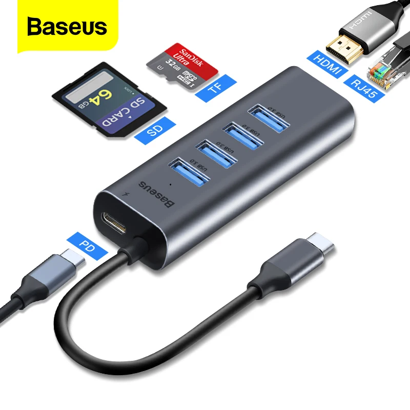 Baseus USB C HUB Type C to HDMI RJ45 Multi USB 3,0 Thunderbolt 3 адаптер питания Type c HUB для MacBook Pro Air USB C Splitter HAB|USB-хабы|   | АлиЭкспресс
