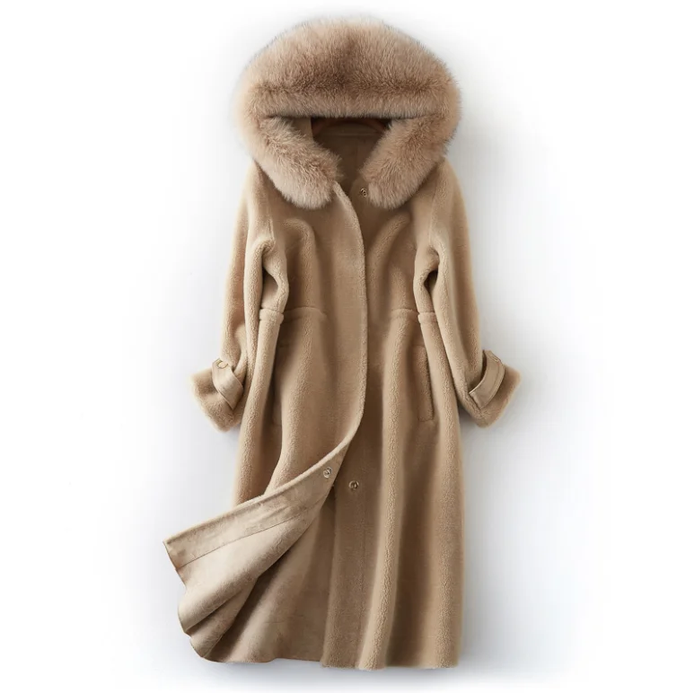 

BoolliliReal Fur Coat with Nature Fox Fur Collar Winter Wool Coat Women Luxury Sheep Shearing Female Jacket Abrigo Mujer