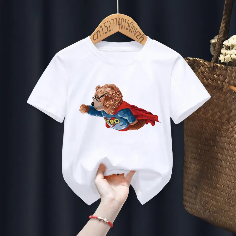Funny Bear Riding Motorcycle Print Boy Girl White T-shirt Kid Summer Harajuku Kawaii Funny Little Baby Y2K Clothes,Drop Ship