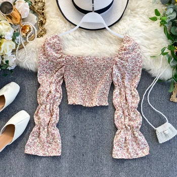 

2019 Korea Fashion Women Short Ruffle Blouse and Top Lady Casual Slim Print Square Collar Long Flare Sleeve Shirt Blusas A867