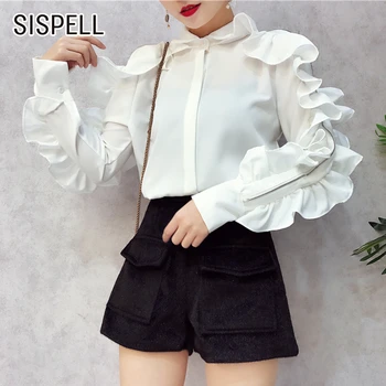 

SISPELL Patchwork Ruffle For Women Shirts Notched Collar Single Breasted Backless Female‘s Elegant Shirt Autumn Fashion New 2020