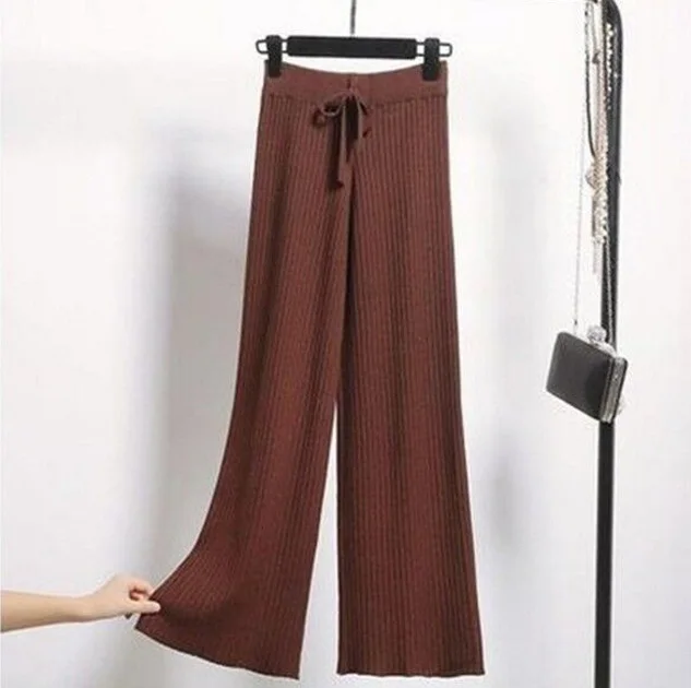 Brown CHRLEISURE, модные женские широкие штаны на шнуровке, одноцветные вязаные женские штаны, повседневные осенние и зимние женские штаны - Цвет: Brown