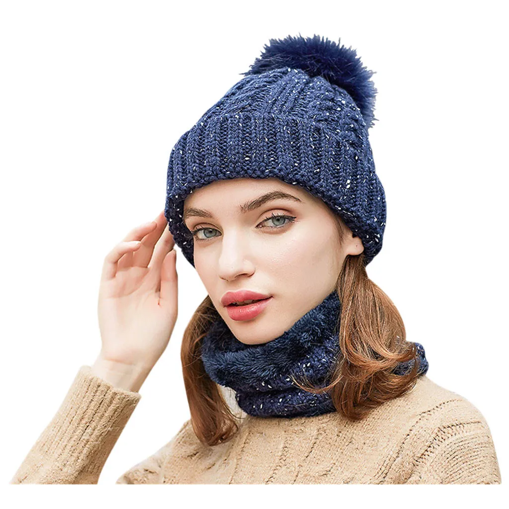 Теплая зимняя вязаная шапка skullies beanies, женская зимняя ветрозащитная Лыжная шерстяная меховая шапка с помпонами, вязаный шарф - Color: Navy