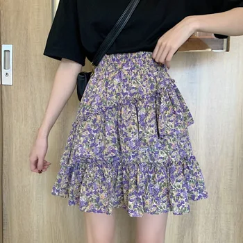 

#0281 Summer Pleated Ruffles Skirt Women Sexy Mini Skirt Elastic Waist Irregular Chiffon Floral Printed Short Skirts Womens