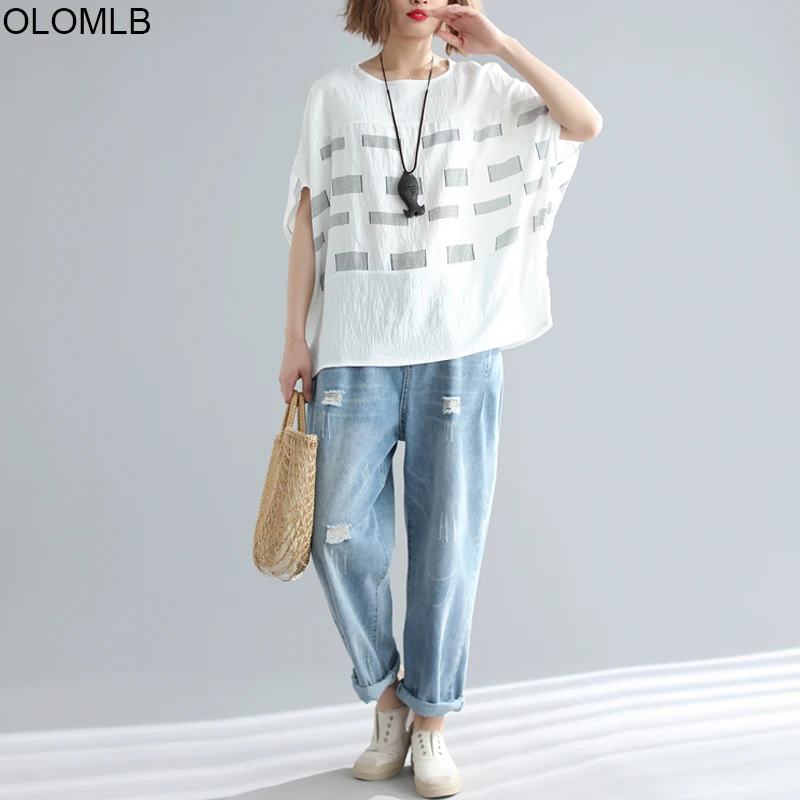 2020 Summer Plaid Printed Batwing Tshirt Big Size Casual Loose Tee Shirt Female Plus 4XL 5XL 6XL Cotton Linen Women T-Shirt | Женская