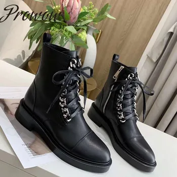 

Prowow Genuine Leather Chain Deco Gladiator Lace Up Ankle Boots Round Toe Thick Heel Low Heel Winter Boots Women