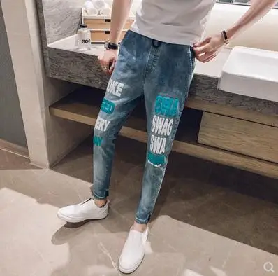 New Arrival Hot Sale Brand autumn men's casual high quality printed trouser male slim korea style fit nine-tenth pants jean
