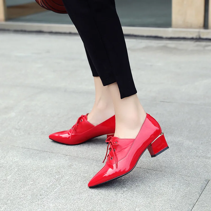 

Summer 2019 Fashion Red Black Patent Pu Pumps Women Shoes Hih Heels Lace Up Office Gladiator Block Heel Shoes Bi Size