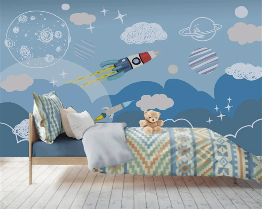 beibehang Custom wallpaper Hand drawn children's room spaceship living room bedroom sofa TV background wall 3d wallpaper cartoon space astronaut spaceship doll stuffed plush toy birthday gift