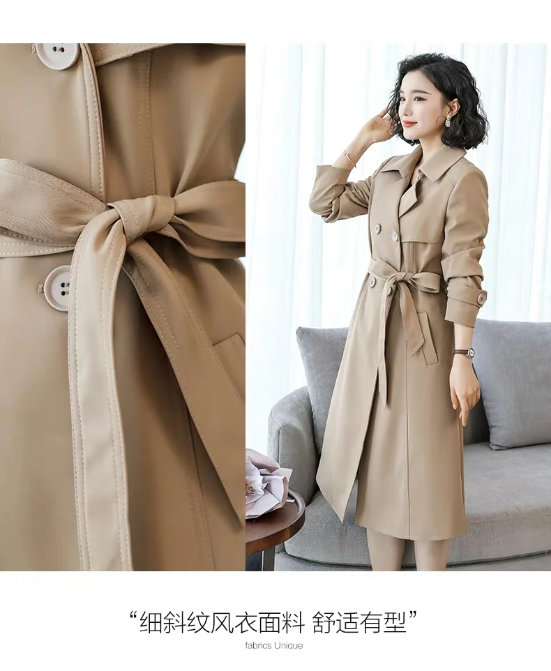 Spring and Autumn New Windbreaker Female Long Section Double Breasted Over The Knee Women's Loose Belt Khaki Jacket