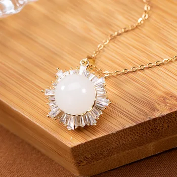 

Silver High-end Temperament Lady Hetian Jade White Jade Round Bead With Personality Pendant Chain Sets Of Chain