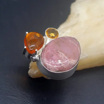 

Natural Rhodochrosite OrangeAmber Citrinee Silver Color Jewelry Band Ring For Women Size 8 HD373