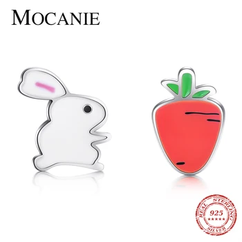 

Mocanie Sweet Lovely Enamel Rabbit Carrot Asymmetry Stud Earring for Women 925 Sterling Silver Animal Plant Ear Pin Fine Jewelry