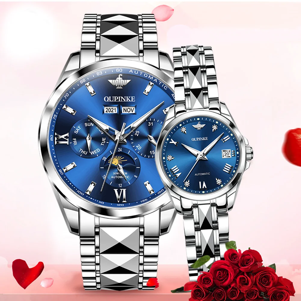 OUPINKE Automatic Couple Watches Pair Men and Women Mechanical Sapphire Luxury Brand Watch for Lovers 2pcs Waterproof Gift Set