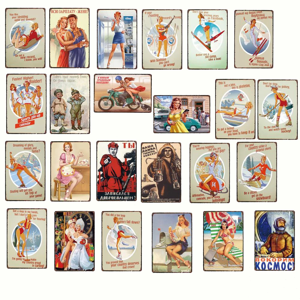 

Russian Girls Athletes Sexy Lady Plaques Metal Tin Sign Art Decor For Coffee Shop Gym Wall Sticker Iron Plate Painting Posters