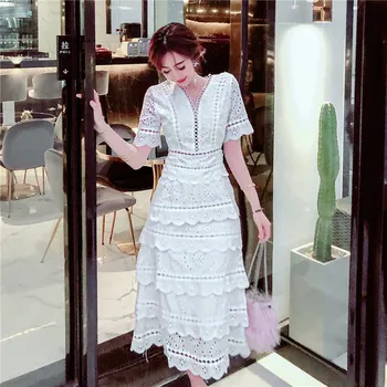 

CBAFU vintage white sexy v neck layers ruffles party long dress hollow out lace embroidery cake runway dress vestidos F309