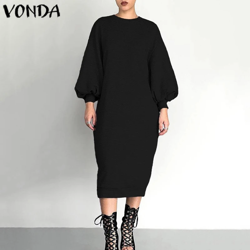 VONDA, женское платье, осень, длинный рукав, платье для офиса, Женская толстовка, повседневный халат, женское платье до середины икры, Vestidos размера плюс